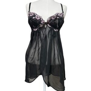 VTG Y2K Victorias Secret Black Pink Floral Embroidered‎ Babydoll Slip 02' 34